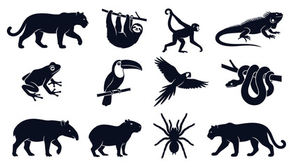 Obraz premium Wild Animal Icons Set with Black Silhouettes, Including Bear, Wolf, Toucan, Lizard, Snake, and Birds in Vector Style