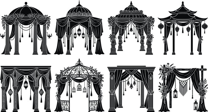 Luxury Wedding Mandap and Ceremony Arch Silhouette Collection with Floral Decorative Backdrop Designs