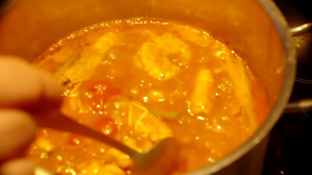 Cooking  Mediterranean Seafood Soup With Langoustines And Cherry Tomatoes. Bouillabaisse Chowder Boiling
