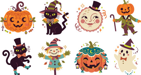 Naklejka premium A collection of cute vintage style halloween illustrations featuring pumpkins black cats ghosts a scarecrow and a moon on white background
