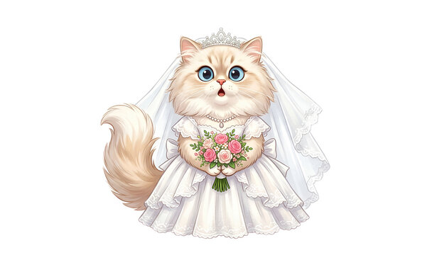Funny Fluffy Cat Wearing White Wedding Dress PNG Cute Bridal Animal Illustration