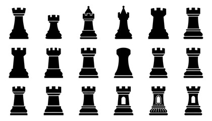 Chess Pieces Icon Set with Black Silhouettes on White Background for Strategy and Board Game Design Featuring King, Queen, Rook © Arzuman