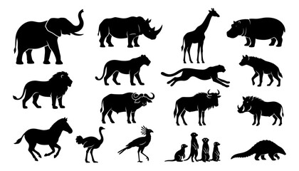 Animal Silhouettes Set with Wild Creatures Including Elephants, Rhinos, Lions, Dogs, Cats, and Birds in Vector Style © Arzuman
