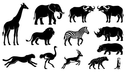 Obraz premium Wildlife Animal Silhouette Set with Elephants, Zebras, Giraffes, Lions, Hyenas, and Various Forest Savanna Icons