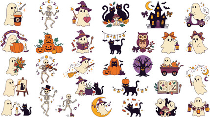 Fototapeta premium A collection of cute halloween stickers featuring ghosts skeletons black cats pumpkins and spooky elements on a white background for design