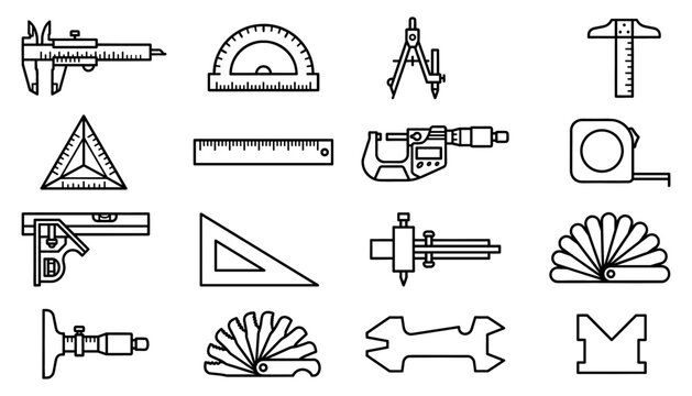 Ruler and Drafting Set with Compass Protractor Caliper Dividers and Measurement Tools in Line Icon Style