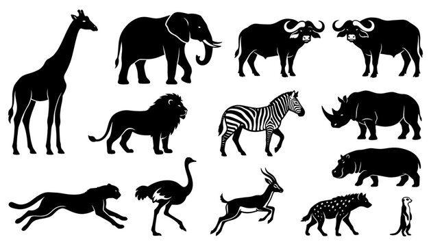Wildlife Animal Silhouette Set with Elephants, Zebras, Giraffes, Lions, Hyenas, and Various Forest Savanna Icons