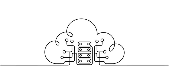 Continuous Line Drawing of Cloud Server and Data Network Illustration