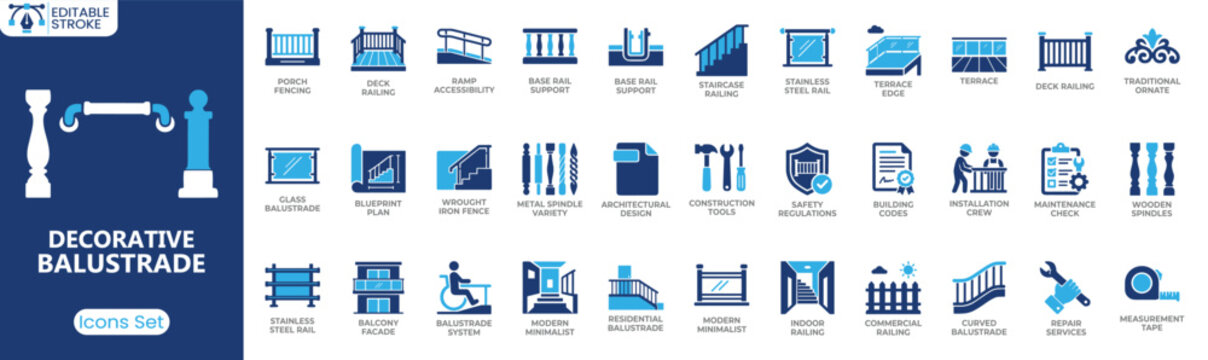 Decorative balustrade icon set. Containing porch fencing, deck railing, staircase railing, glass balustrade, wrought iron fence, balcony facade, indoor railing, curved balustrade. Solid vector