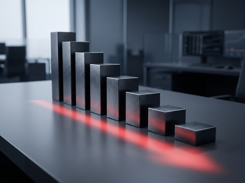 Decreasing bar chart concept with glowing red arrow on dark desk business decrease marketing statistics