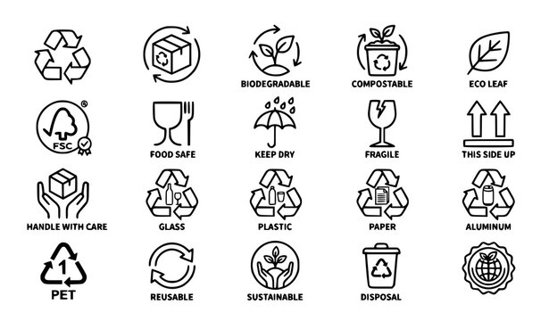 Eco Packaging and Recycling Symbol Icon Set Featuring Sustainable, Biodegradable, Compostable, Food Safe, Shipping, and Environmental Certification Labels