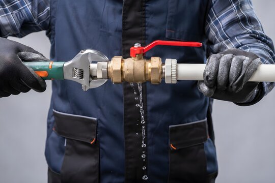 Professional Plumber Fixing Leaking Water Pipe at Home Using Adjustable Wrench During Emergency Plumbing Repair Service Close Up Commercial Stock Photography Concept