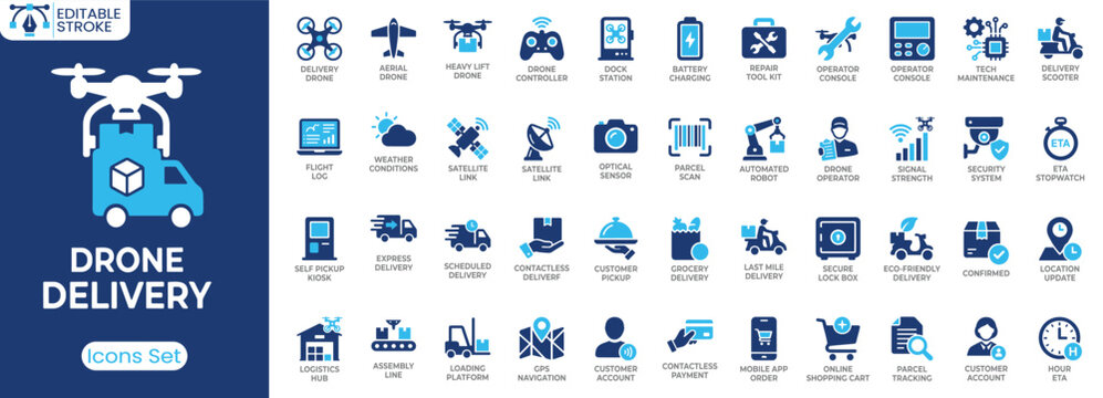 Drone delivery icon set. Containing delivery drone, aerial drone, drone controller, battery charging, parcel tracking, contactless delivery, GPS navigation, customer account and more. Solid vector ico