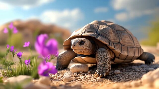 Wild tortoise slowly crawling on a rocky path with purple wildflowers on a sunny day