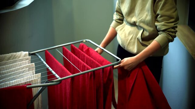 Person Hanging Clean Towels On Metal Clothes Drying Rack. Housework Domestic. Washing