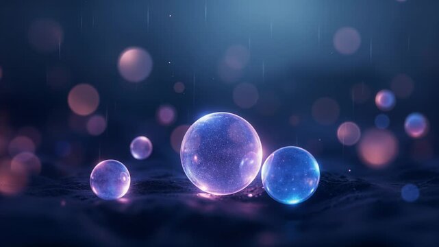 Luminous spheres with shimmering particles inside floating over a dark, undulating surface
