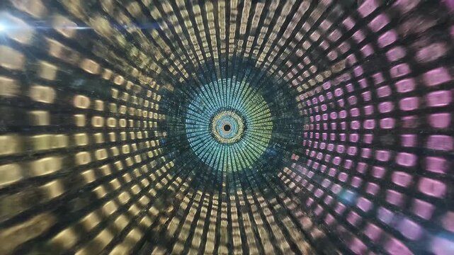 A swirling tunnel of binary code in vibrant green and blue hues.