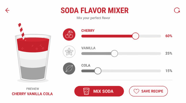 Digital interface for a soda flavor mixing application.