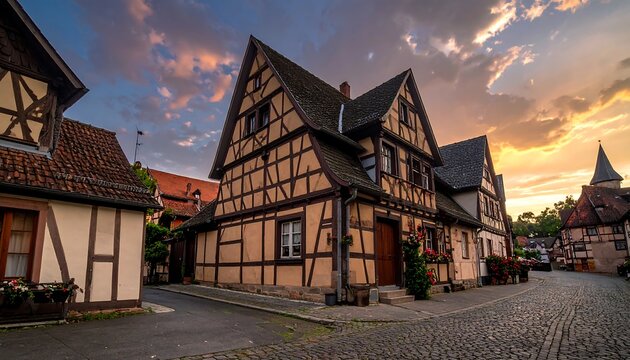 A serene street lined with traditional half-timbered houses at sunset