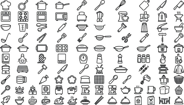 Kitchen Utensils and Cooking Equipment Vector Line Icon Pack Featuring Pots, Pans, Chef Hats, Electrical Appliances, and Restaurant Dining Symbols
