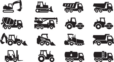 Construction vehicles, industrial trucks, heavy equipment icons, 16 silhouette symbols © MHK