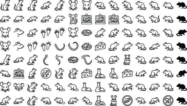 Mouse and Rat Vector Line Icon Set with Selection Outlines Featuring Cheese, Cages, Lab Flasks, Paw Prints, and Pest Control Symbols for Graphic Designs
