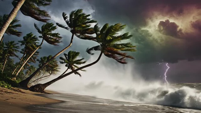 Tropical palm trees leaning in strong gale winds while massive ocean waves break on a sandy shore under a dramatic dark sky with storm clouds during a hurricane event.