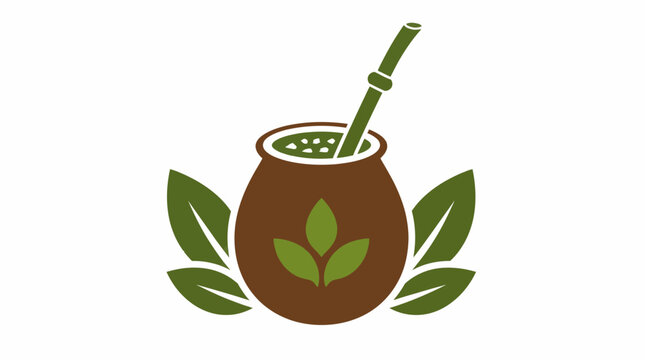 Yerba mate gourd logo with straw and green leaves.