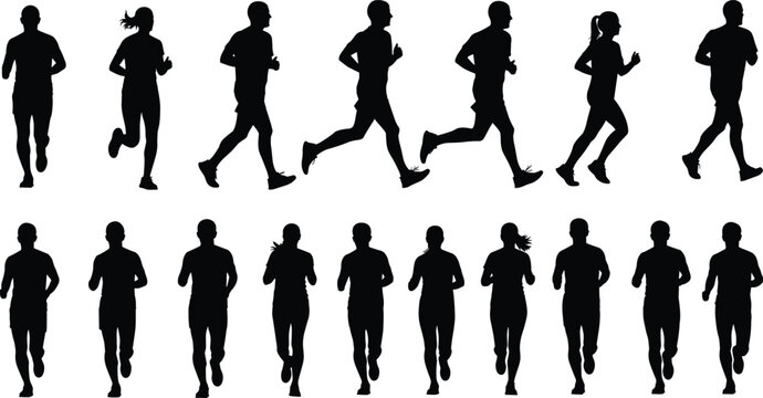 Running people silhouettes in athletic motion, side and front views vector illustration for sports, fitness, movement, design, art, and creative projects