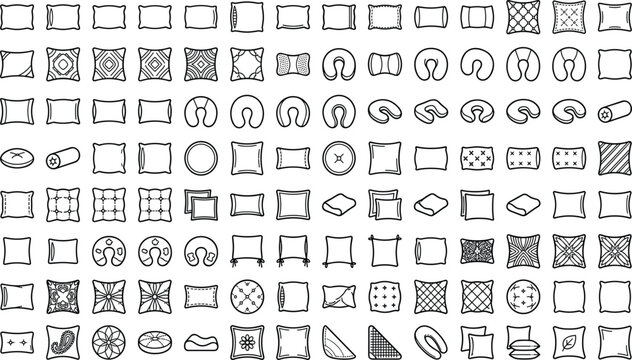 Pillow and Cushion Line Icon Set Featuring Neck Travel Pillows, Throw Cushions, Bolsters, Orthopedic Bedding, and Decorative Home Textile Graphic Symbols