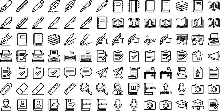 Premium Writing, Copywriting, and Content Creation Thin Line Icon Pack Featuring Fountain Pens, Notebooks, Typewriters, Keyboards, Document Proofreading, and Publishing Symbols