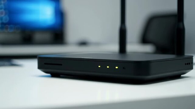 Close up of black wireless router on table, close up of modern router
