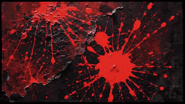 Crimson splatters across a textured black surface, abstract art.
