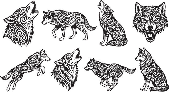 Set of black and white wolf illustrations with tribal patterns and decorative ornate design elements