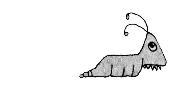 Side view full body portrait of black and white fantasy creepy insect monster creature hand drawn illustration slithering looped animated video