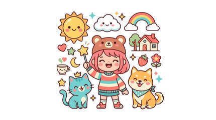 Naklejka premium Cute Kawaii Girl with Dog, Cat, Sun, Rainbow, House
