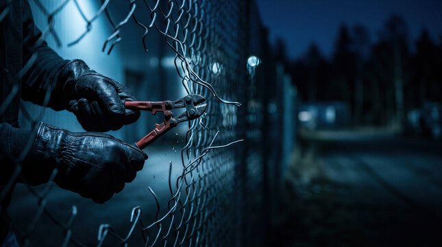 Burglar using bolt cutter to cut metal chain link fence at night. Criminal breaking into restricted area. Illegal entry and malicious trespassing concept. Security threat and danger.