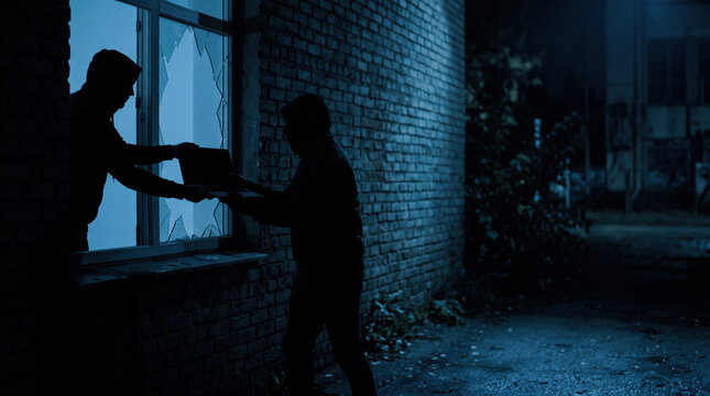 Thief handing a stolen laptop out of a broken window to an accomplice outside at night. Criminal burglary concept. Illegal activity, robbery, and theft in a dark urban environment.