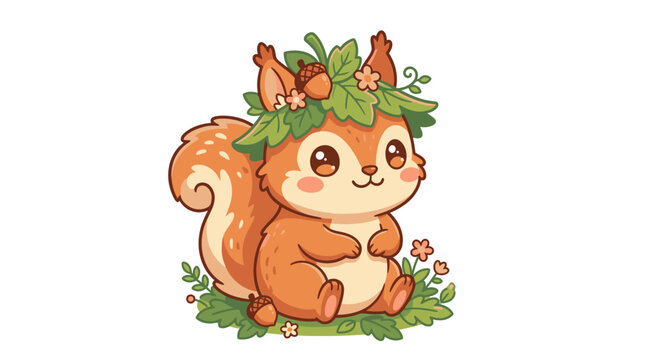 Cute Squirrel with Acorn and Leaf Crown