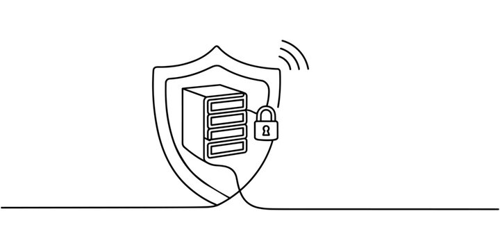 Continuous Line Drawing of Secure Server Data Protection Shield Illustration