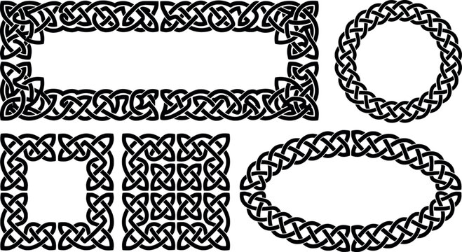 Set of celtic knotwork frames and borders with intricate interlaced patterns transparent background