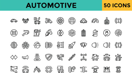 Automotive industry and car repair thin line vector icon set featuring vehicle diagnostics parts garage tools and engine symbols.