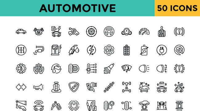 Automotive industry and car repair thin line vector icon set featuring vehicle diagnostics parts garage tools and engine symbols.