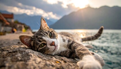 A serene tabby cat lounges on a rocky shore with a stunning mountainous backdrop