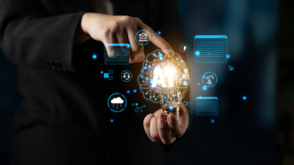 Fototapeta premium Business Professional Demonstrating Artificial Intelligence Concept with Futuristic Light Bulb and Digital Icons for Innovative Technology Solutions Haptic.