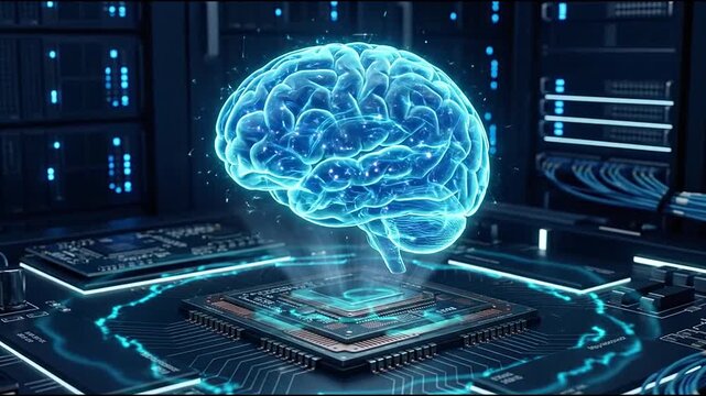 Blue neural brain hologram in server room.