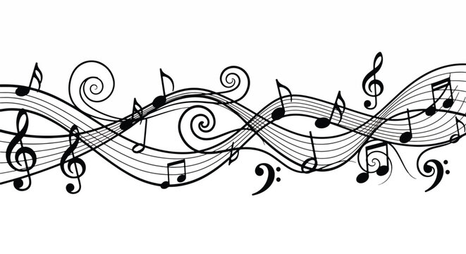 Musical notes and treble clef on a staff background.