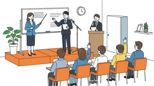 Classroom presentation vector illustration with speaker interaction, audience engagement, educational setting, seminar communication concept art