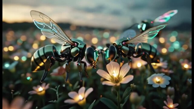 Futuristic Robot Bees in a Magical Flower Field