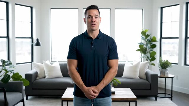 Men's indoor smiling standing, indoor male frontal smiling portrait